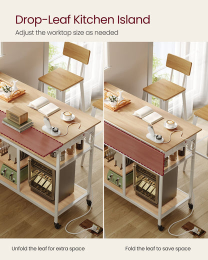 Kitchen Island with Drop Leaf, 47.2" Width Rolling Kitchen Cart with Power Strip, Extendable Worktop