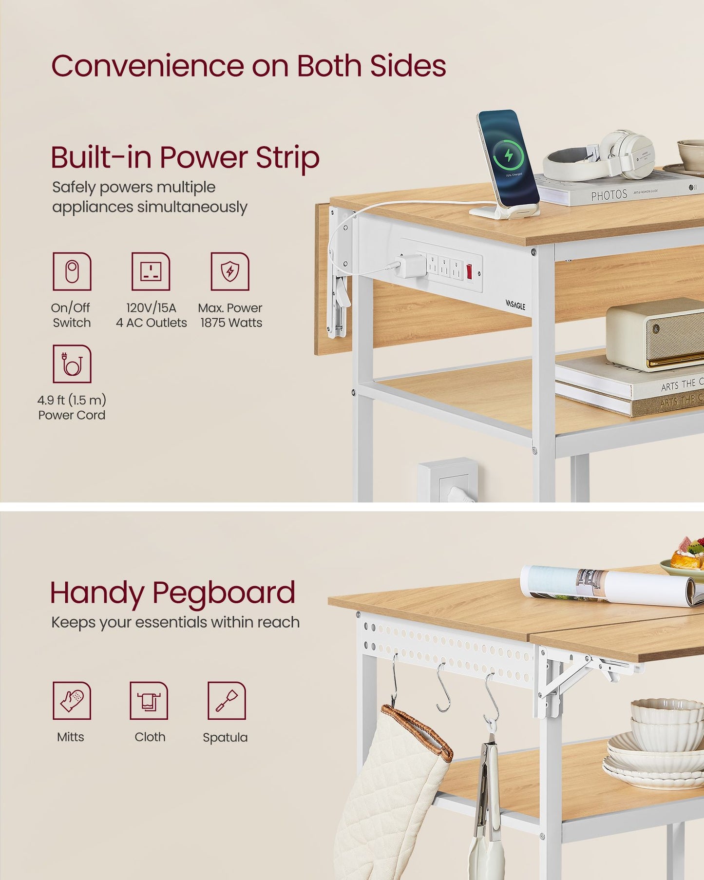 Kitchen Island with Drop Leaf, 47.2" Width Rolling Kitchen Cart with Power Strip, Extendable Worktop