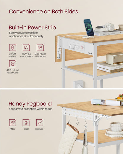 Kitchen Island with Drop Leaf, 47.2" Width Rolling Kitchen Cart with Power Strip, Extendable Worktop