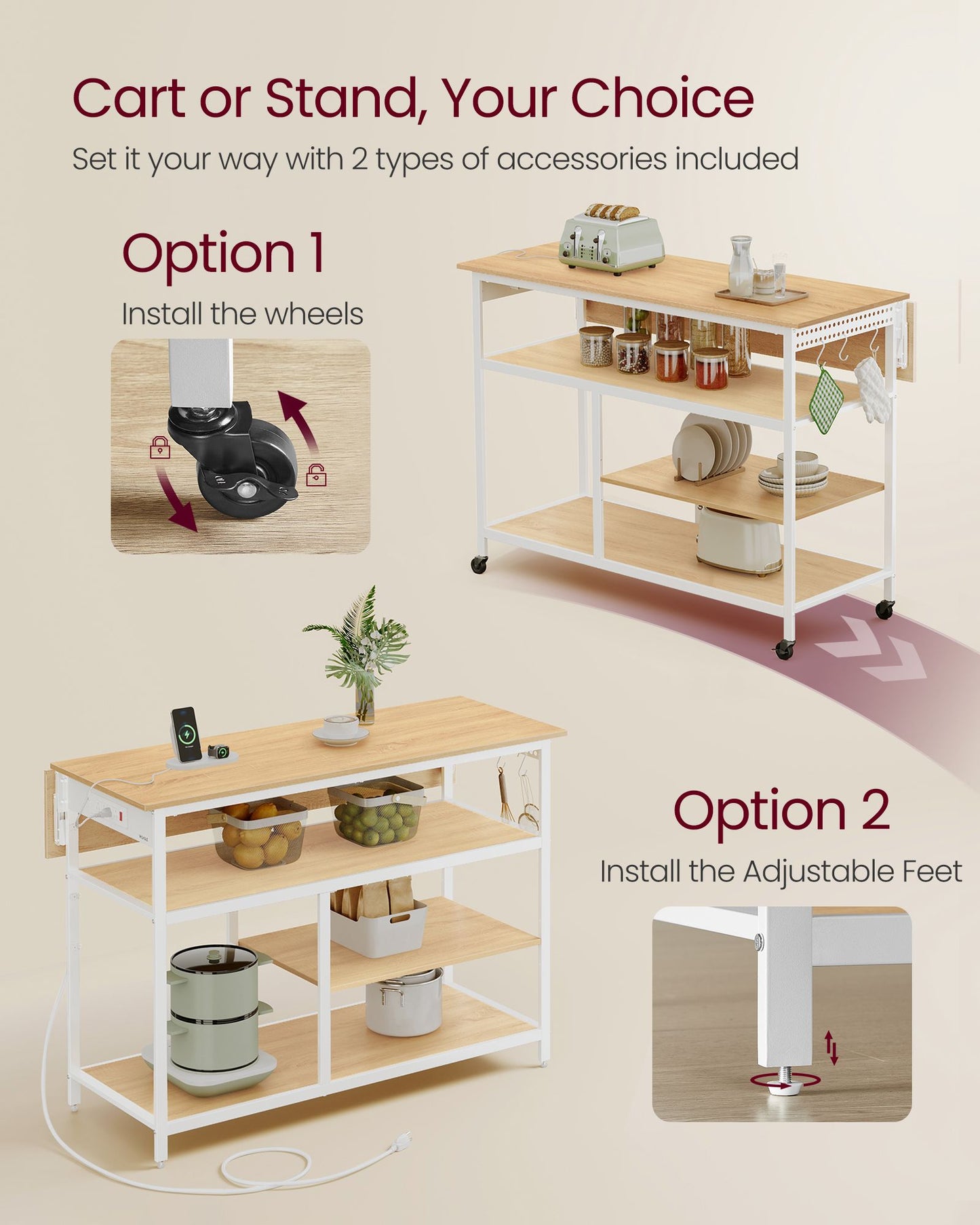 Kitchen Island with Drop Leaf, 47.2" Width Rolling Kitchen Cart with Power Strip, Extendable Worktop