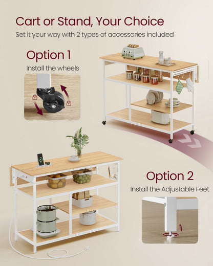 Kitchen Island with Drop Leaf, 47.2" Width Rolling Kitchen Cart with Power Strip, Extendable Worktop