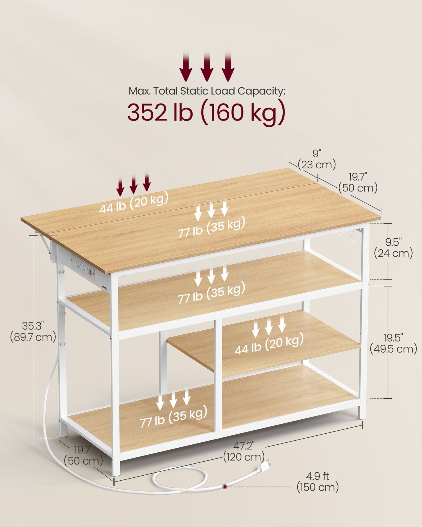 Kitchen Island with Drop Leaf, 47.2" Width Rolling Kitchen Cart with Power Strip, Extendable Worktop