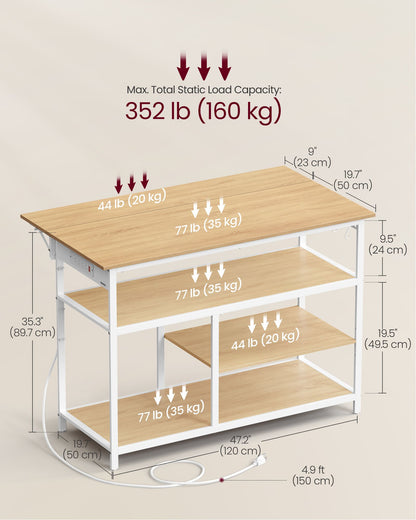 Kitchen Island with Drop Leaf, 47.2" Width Rolling Kitchen Cart with Power Strip, Extendable Worktop
