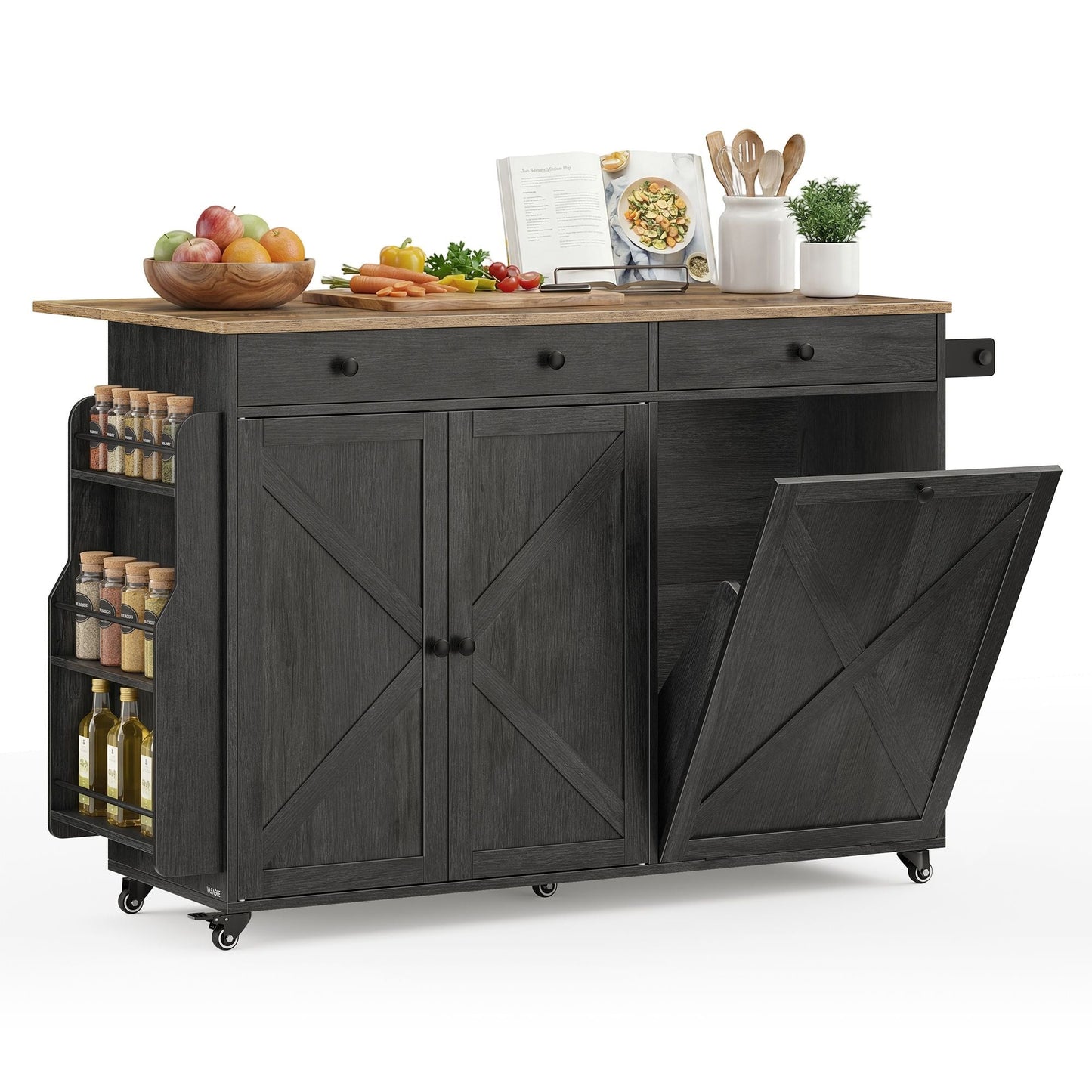Mobile Kitchen Island with Trash Can Storage, Drop Leaf, Portable Island with Spice Rack - image 5