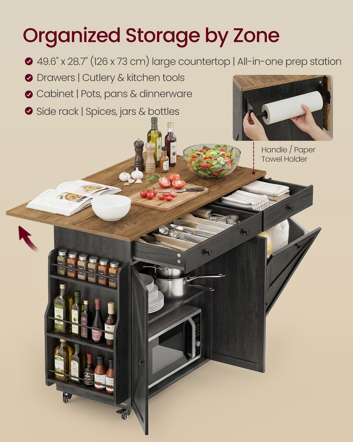 Mobile Kitchen Island with Trash Can Storage, Drop Leaf, Portable Island with Spice Rack - image 2
