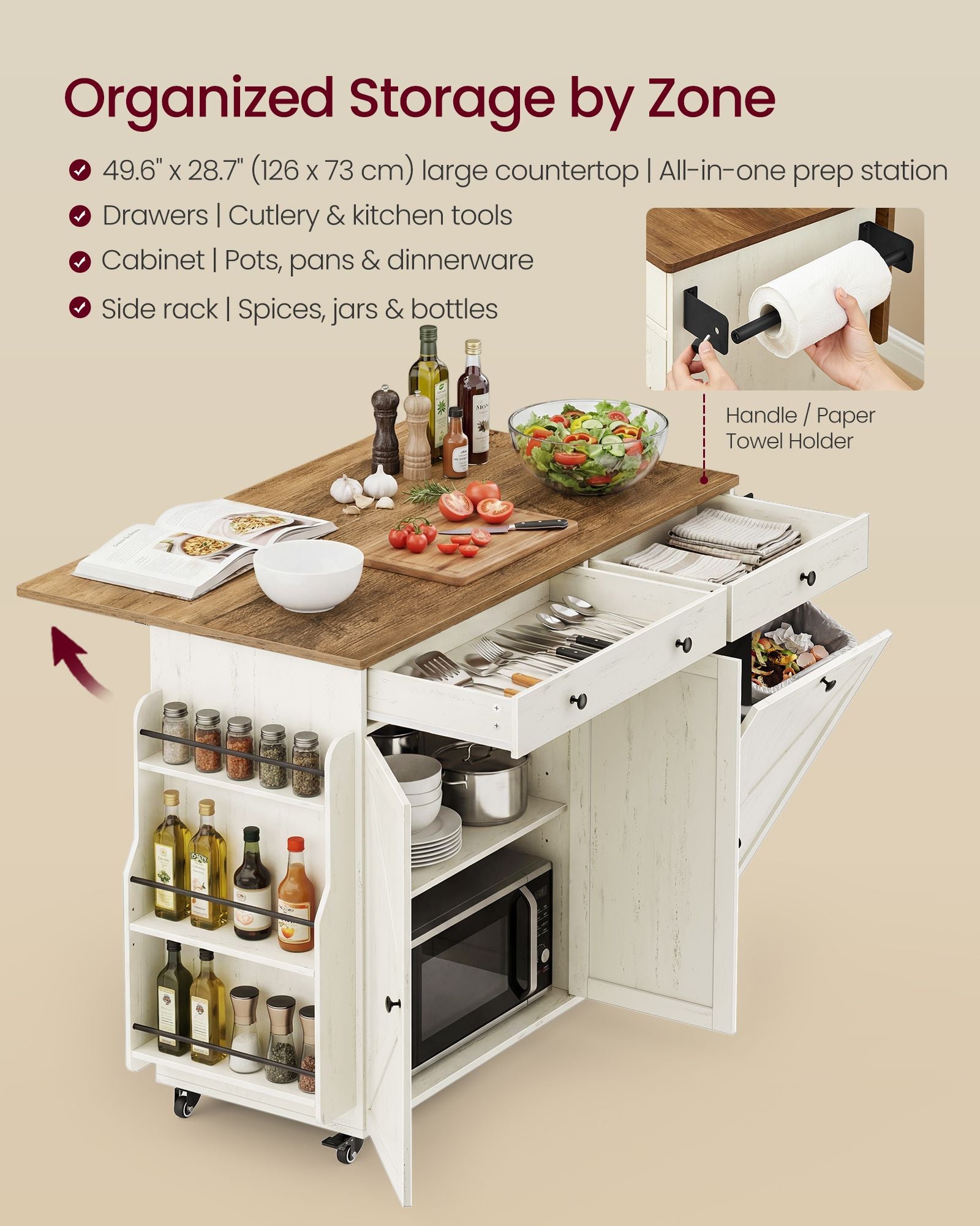 Mobile Kitchen Island with Trash Can Storage, Drop Leaf, Portable Island with Spice Rack - image 4