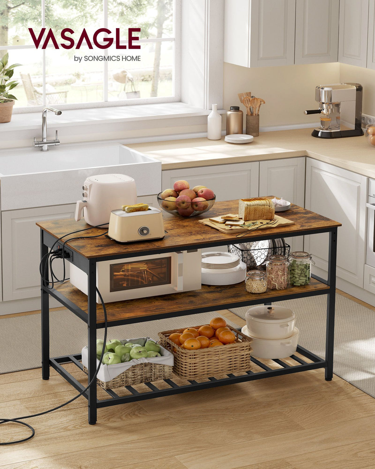 Kitchen Island with 3 Shelves and Power Strip