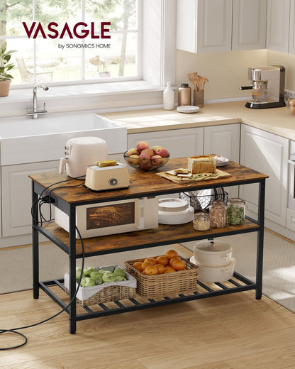 Kitchen Island with 3 Shelves and Power Strip
