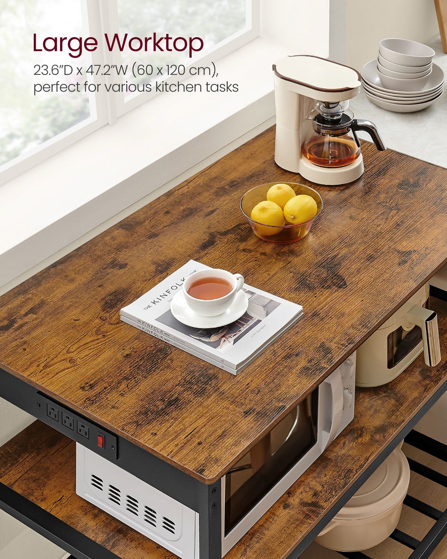 Kitchen Island with 3 Shelves and Power Strip