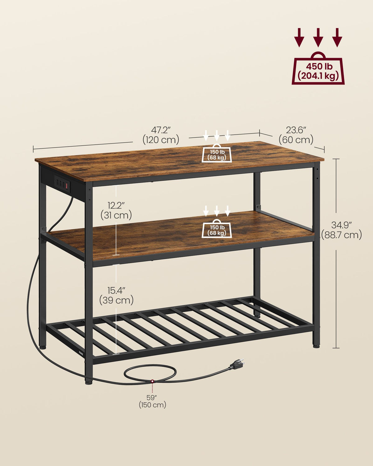Kitchen Island with 3 Shelves and Power Strip