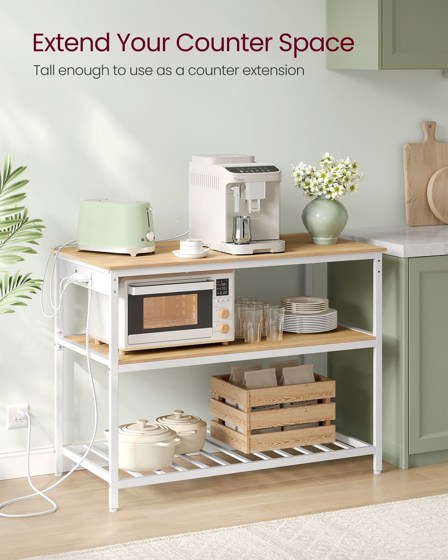 Kitchen Island with 3 Shelves and Power Strip