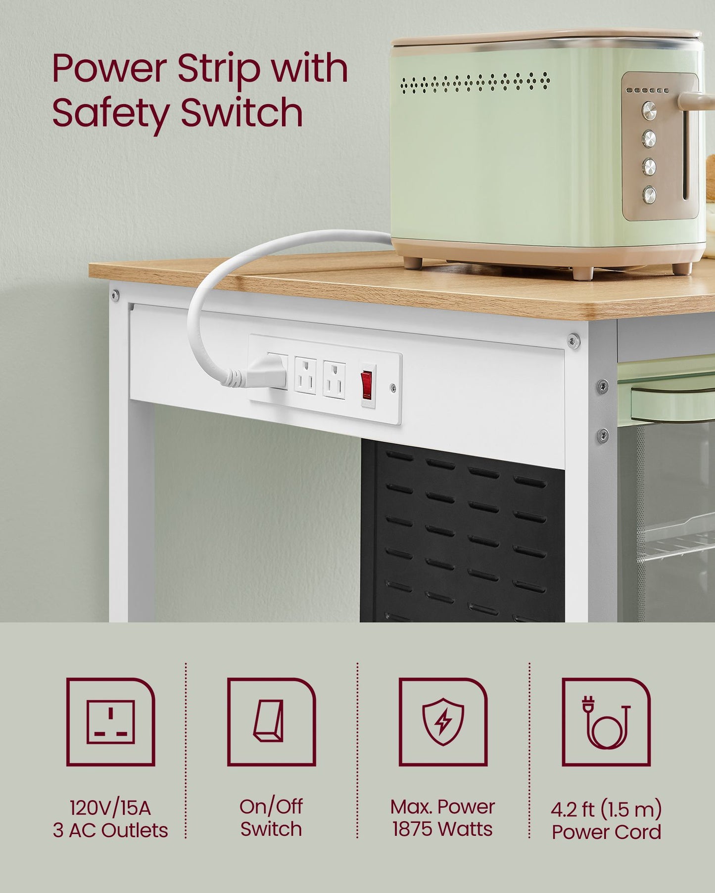 Kitchen Island with 3 Shelves and Power Strip