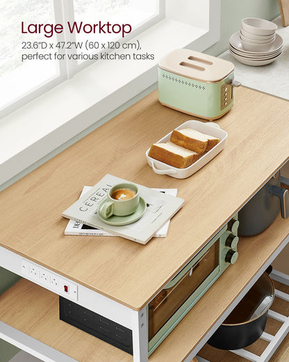 Kitchen Island with 3 Shelves and Power Strip