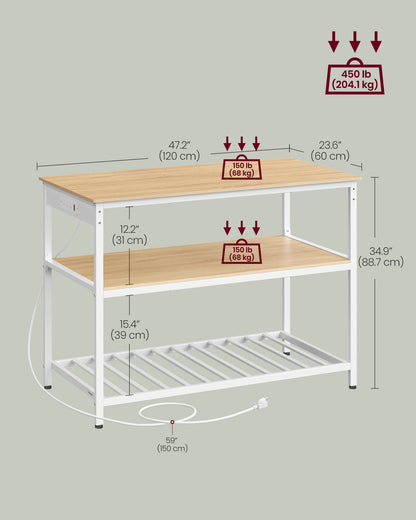 Kitchen Island with 3 Shelves and Power Strip