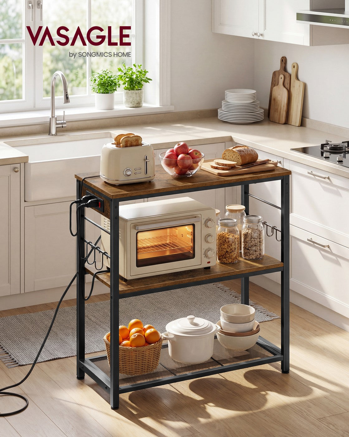 Metal kitchen island with power outlet and hooks - image 2