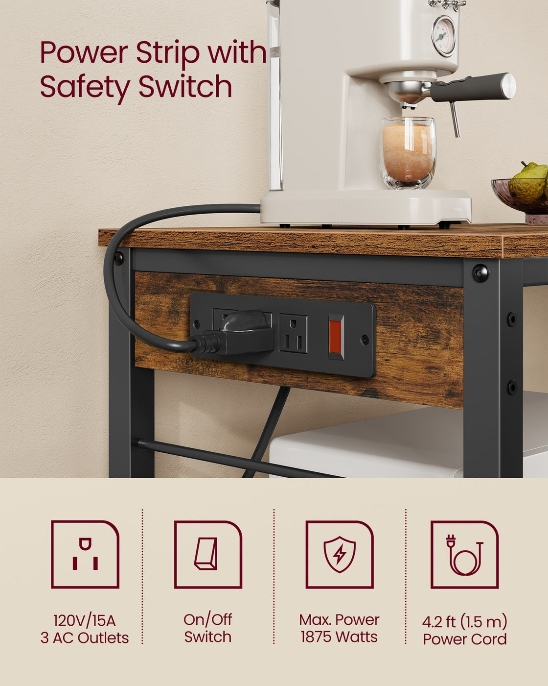 Metal kitchen island with power outlet and hooks - image 4