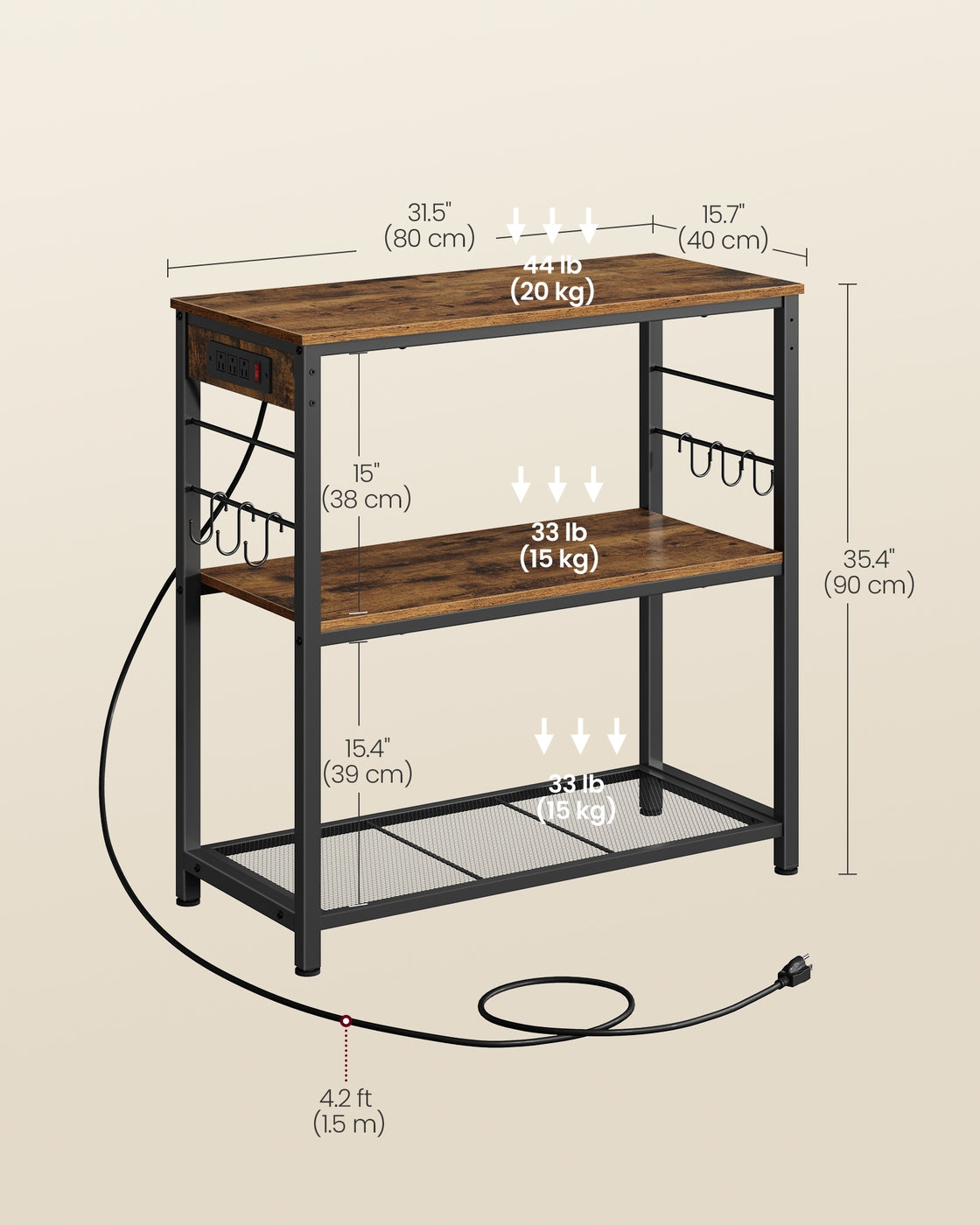 Metal kitchen island with power outlet and hooks - image 6