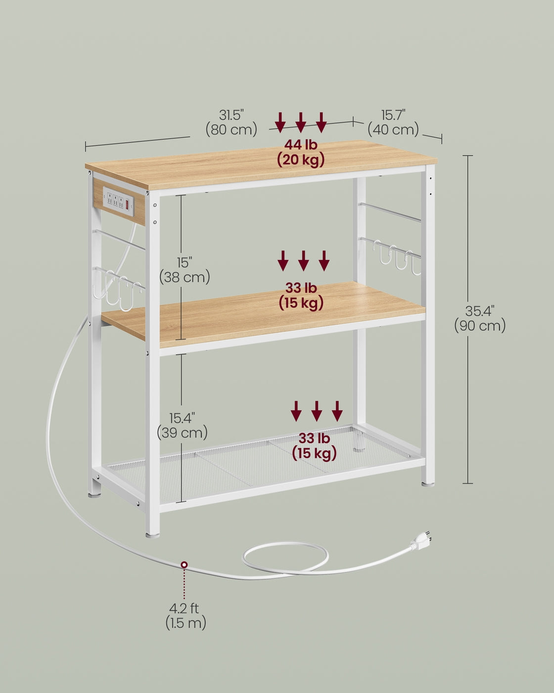 Metal kitchen island with power outlet and hooks - image 12