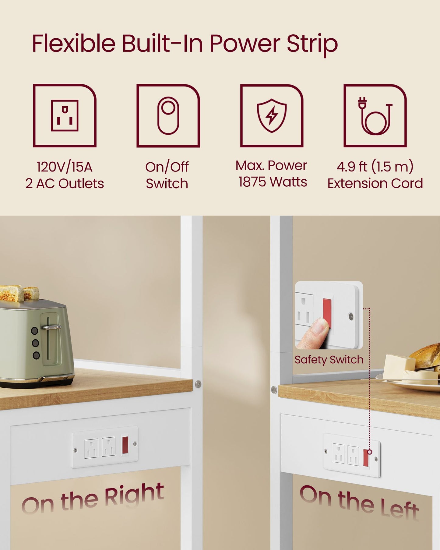 Kitchen Bakers Rack with Power Outlet - Cloud White - image 8