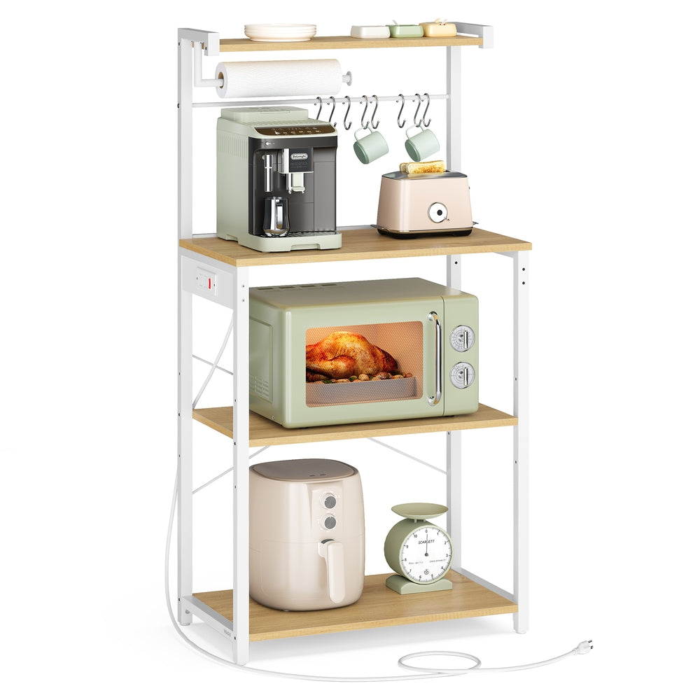 4-Tier Kitchen Bakers Rack with Power Outlet with 8 S Hooks Golden Oak and Cloud White - image 1
