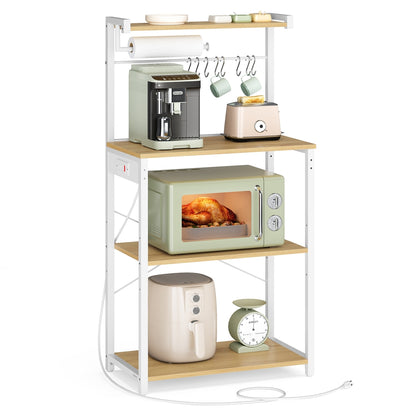 4-Tier Kitchen Bakers Rack with Power Outlet with 8 S Hooks Golden Oak and Cloud White - image 1
