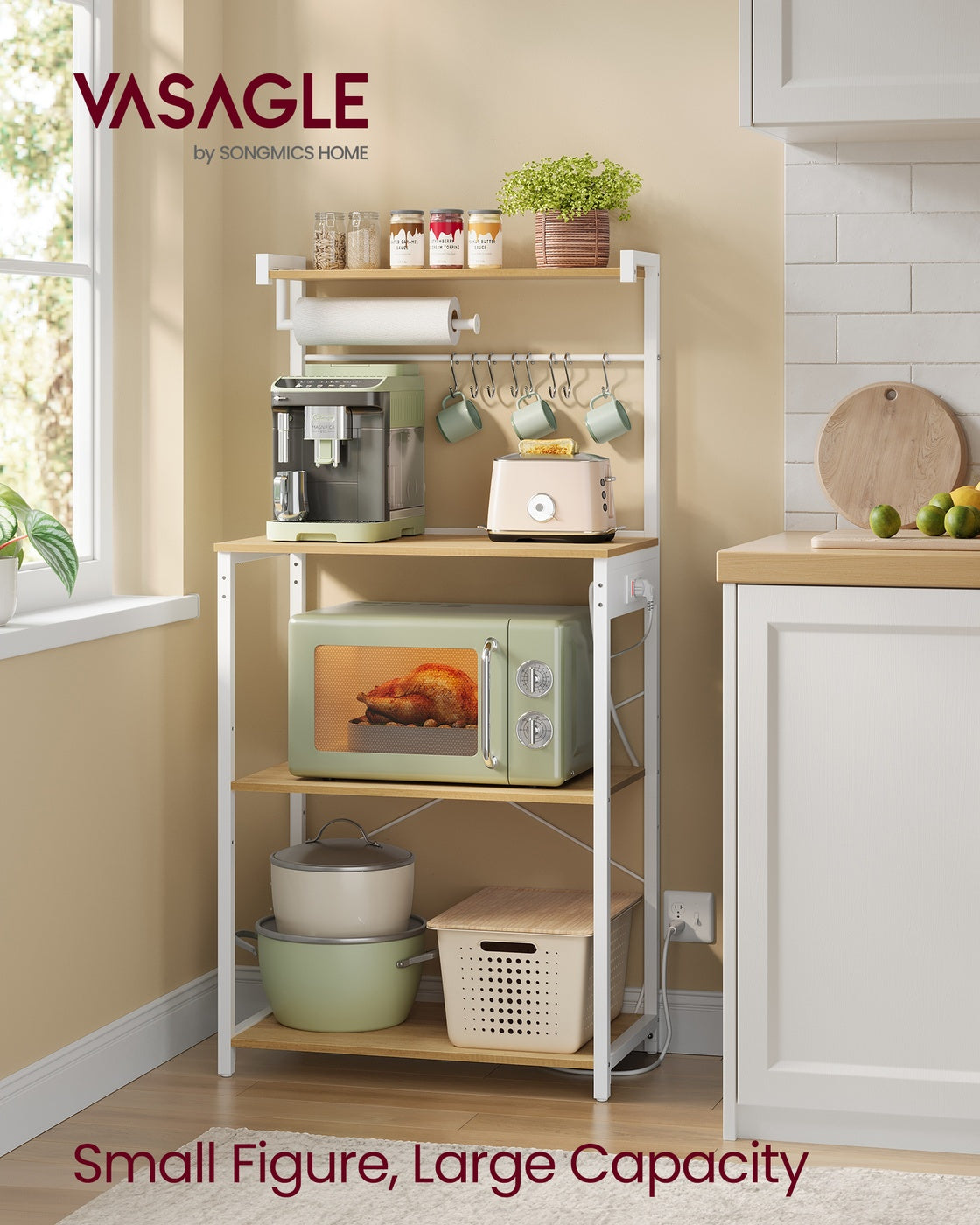 4-Tier Kitchen Bakers Rack with Power Outlet with 8 S Hooks Golden Oak and Cloud White - image 2