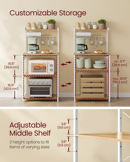 4-Tier Kitchen Bakers Rack with Power Outlet with 8 S Hooks Golden Oak and Cloud White - image 4