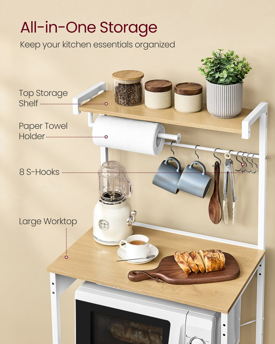 4-Tier Kitchen Bakers Rack with Power Outlet with 8 S Hooks Golden Oak and Cloud White - image 5