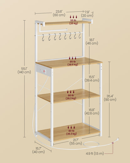 4-Tier Kitchen Bakers Rack with Power Outlet with 8 S Hooks Golden Oak and Cloud White - image 6