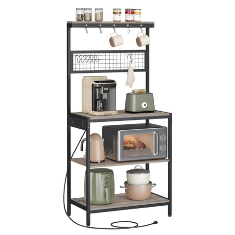 Bakers Rack with Charging Station, 31.5 Inches Coffee Bar Stand with Adjustable Storage Shelf, Grid Panel, 12 Hooks