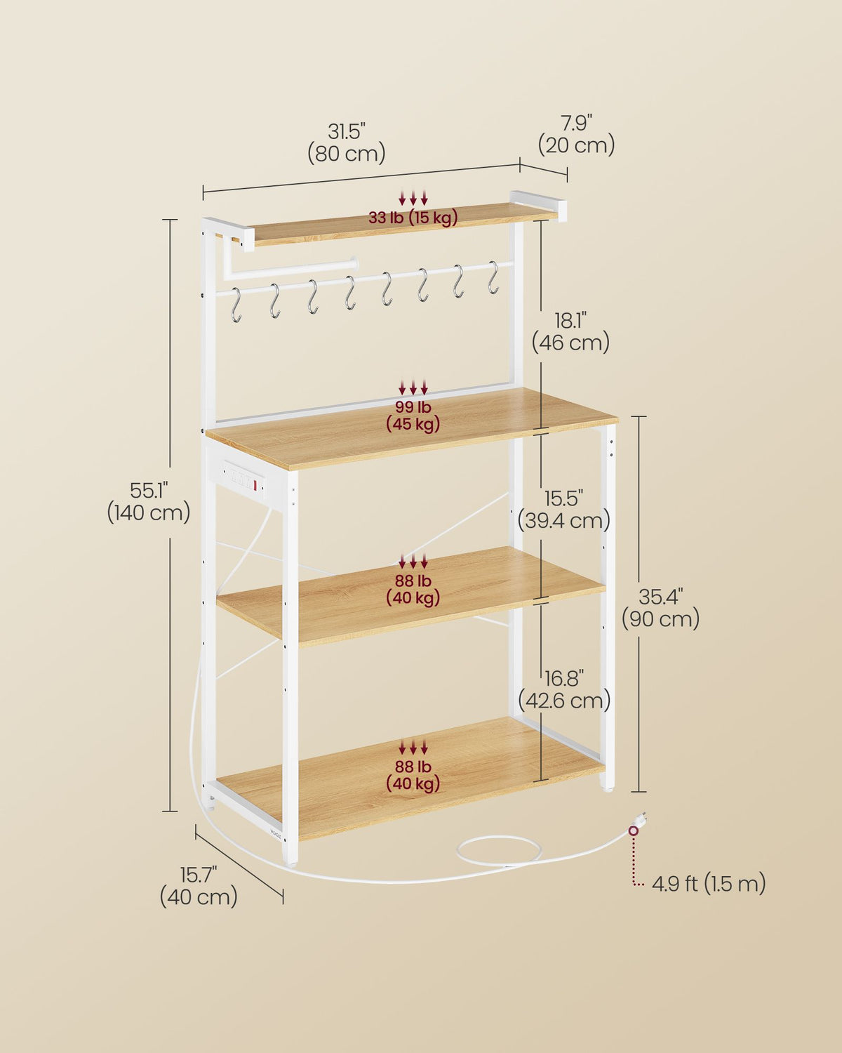 Kitchen Bakers Rack with Power Outlet - 15.7"D x 31.5"W x 55.1"H (40 x 80 x 140 cm) - image 6