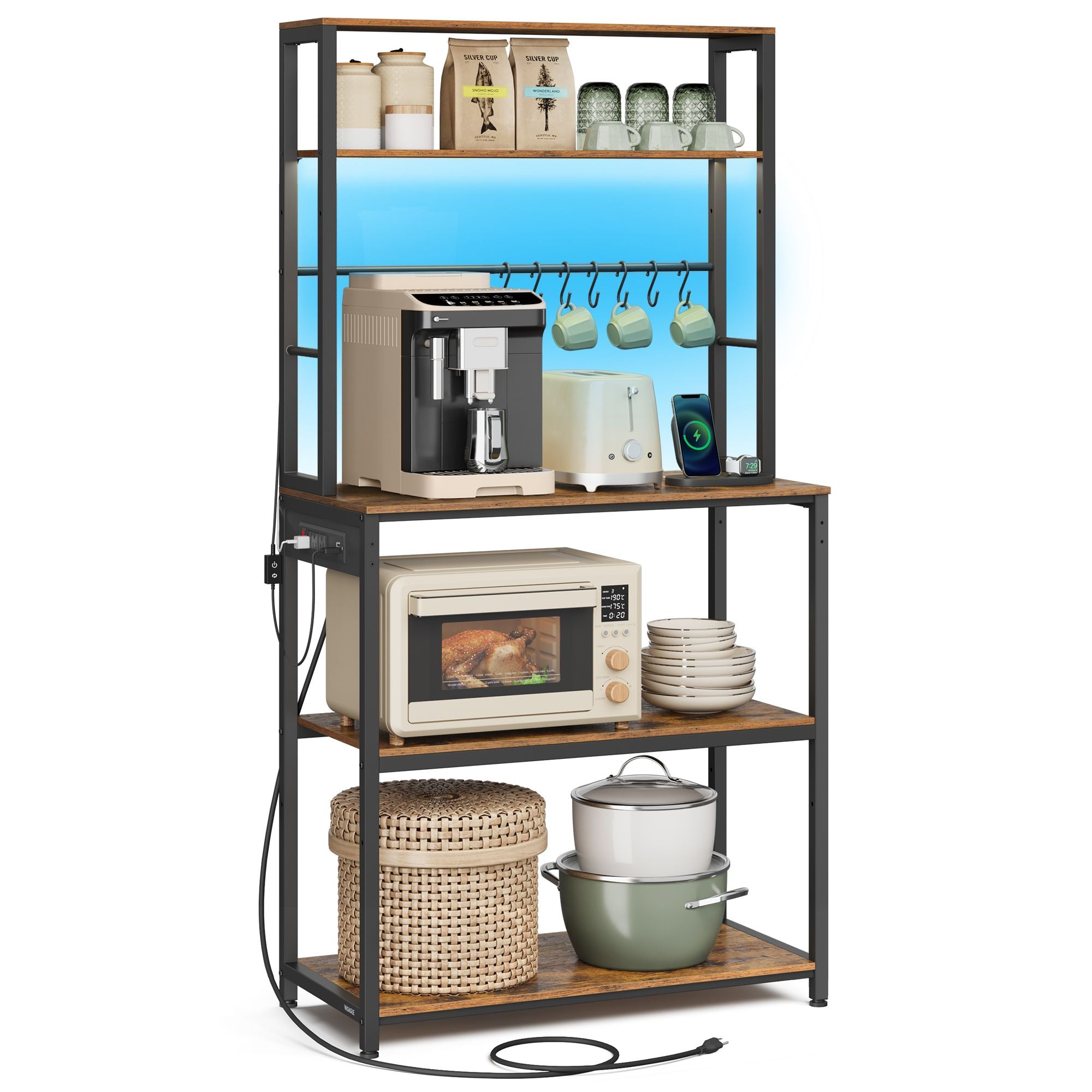 Coffee Bar with LED Lights Power Outlet Rustic Brown and Matte Black