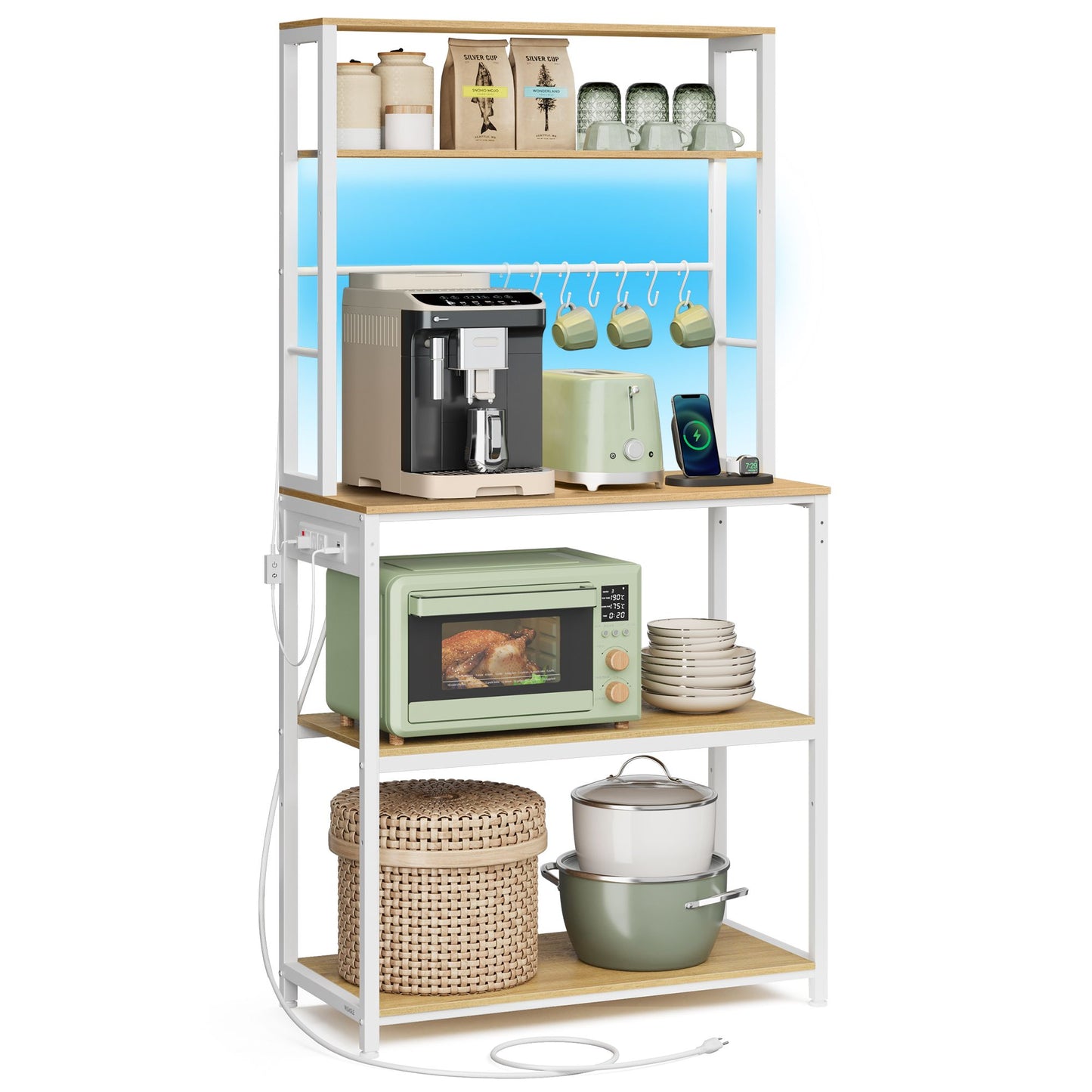 Coffee Bar with LED Lights Power Outlet Golden Oak and Matte White