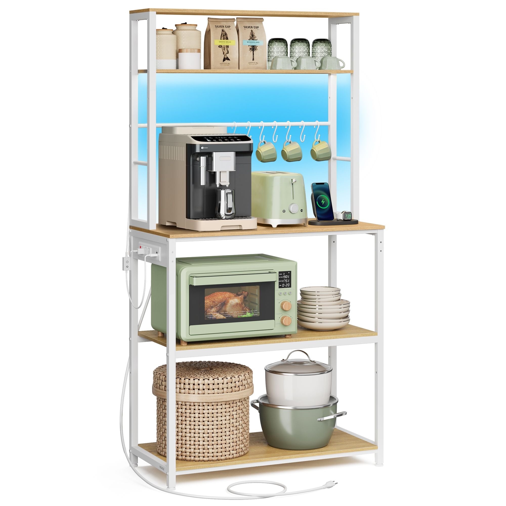 Coffee Bar with LED Lights Power Outlet Golden Oak and Matte White