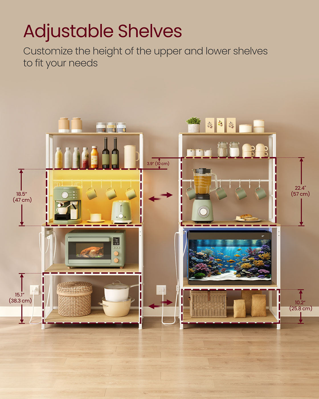 Coffee Bar with LED Lights Power Outlet Golden Oak and Matte White