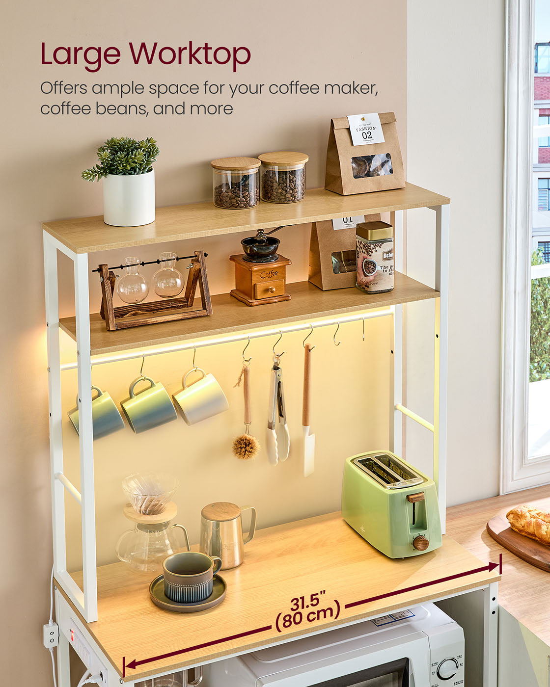 Coffee Bar with LED Lights Power Outlet Golden Oak and Matte White