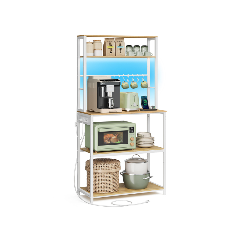 Coffee Bar with LED Lights Power Outlet Golden Oak and Matte White