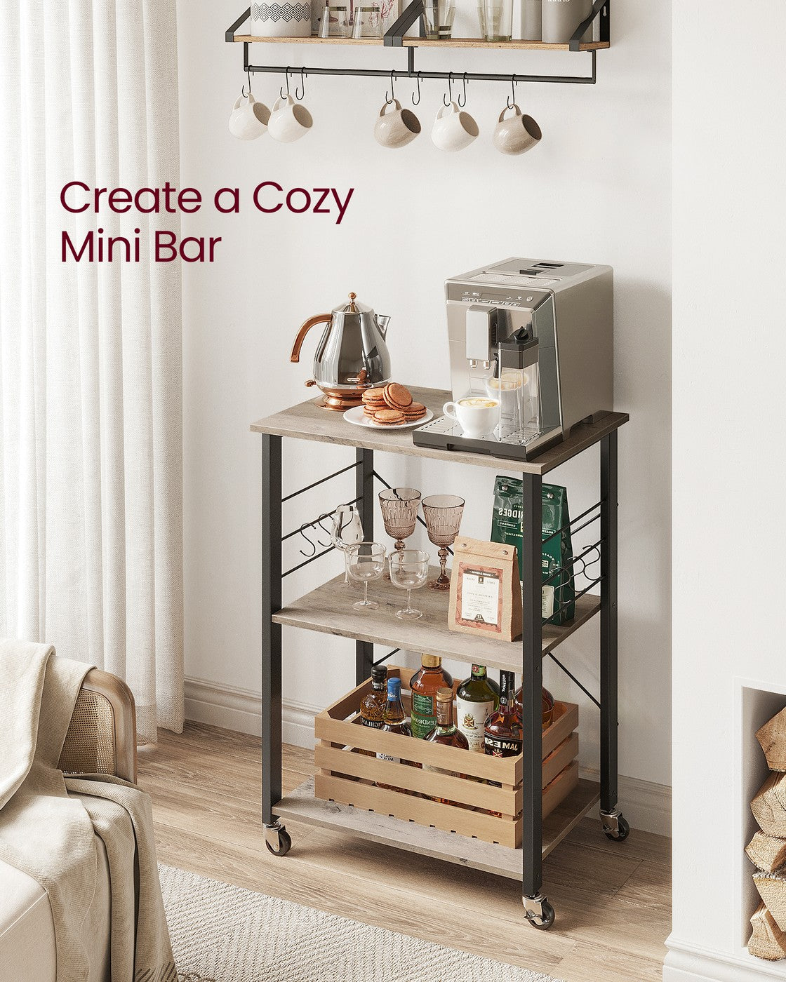 MARTHA Shelf With Wheels, Kitchen Cart, Bar Cart, Rustic Brown