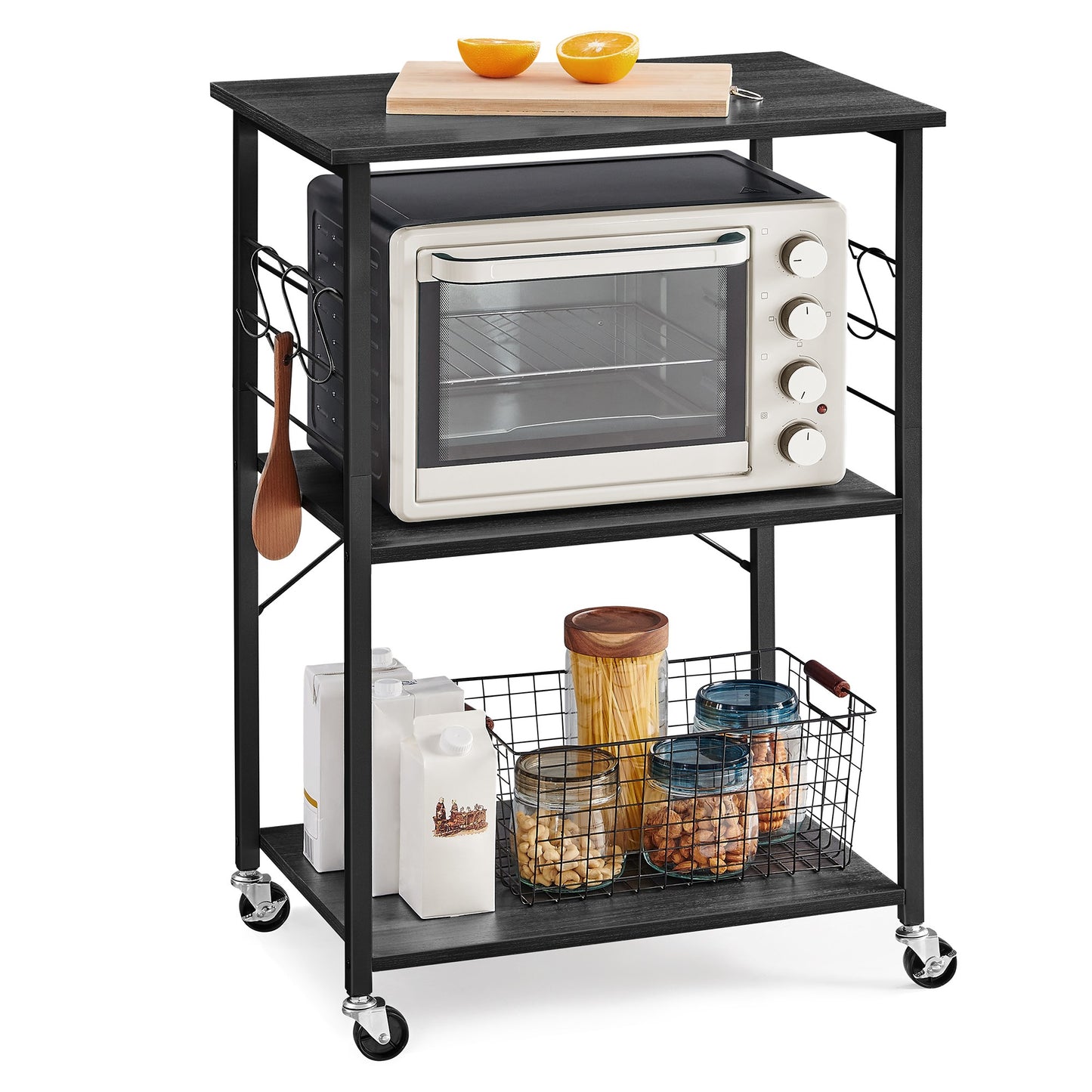 MARTHA Shelf With Wheels, Kitchen Cart, Bar Cart, Rustic Brown - Ebony Black + Ink Black