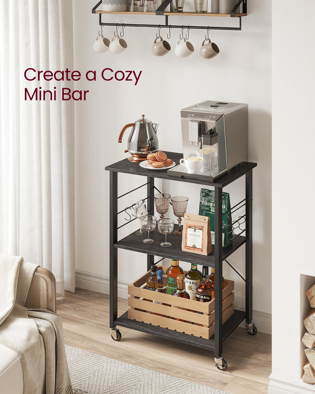 MARTHA Shelf With Wheels, Kitchen Cart, Bar Cart, Rustic Brown