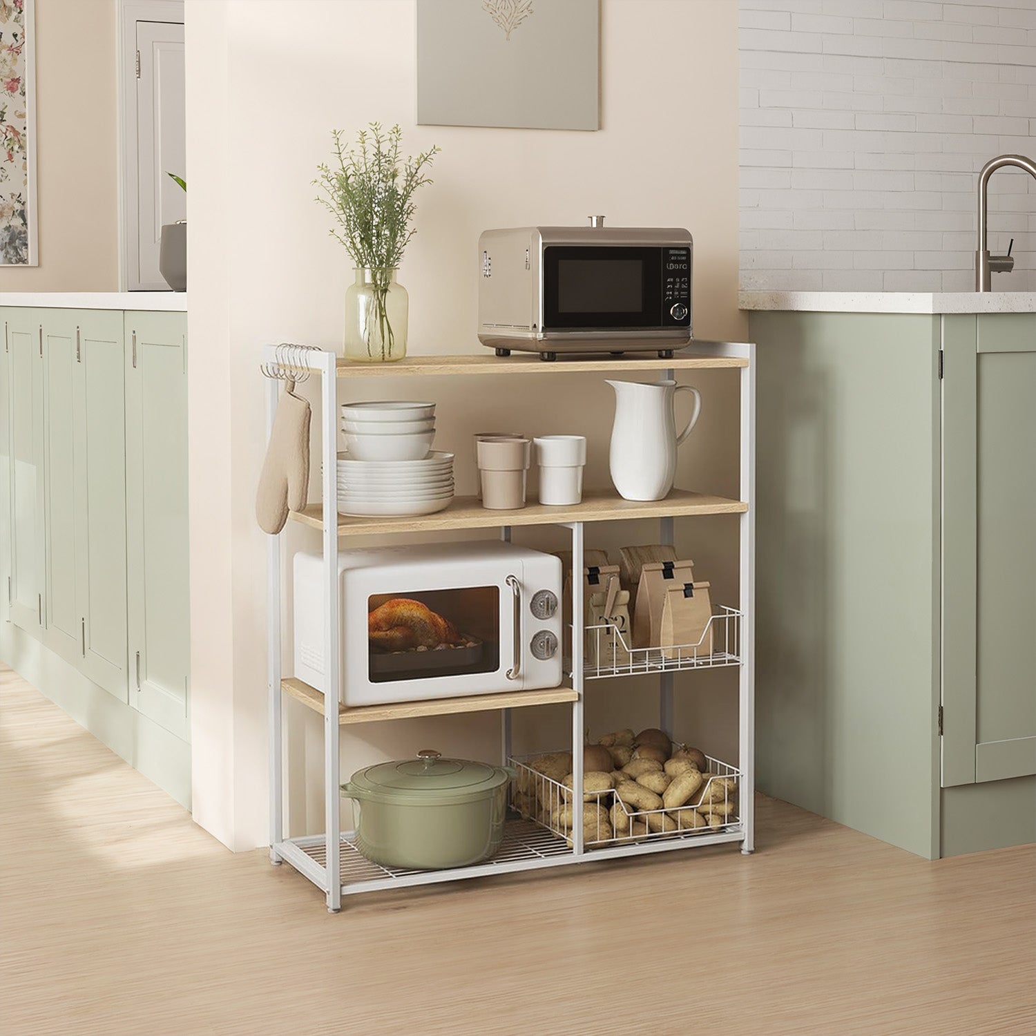 Kitchen Bakers Rack, Storage Shelf with 2 Baskets and Hooks, Walnut Brown and White - image 1
