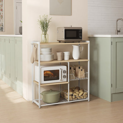 Kitchen Bakers Rack, Storage Shelf with 2 Baskets and Hooks, Walnut Brown and White - image 1