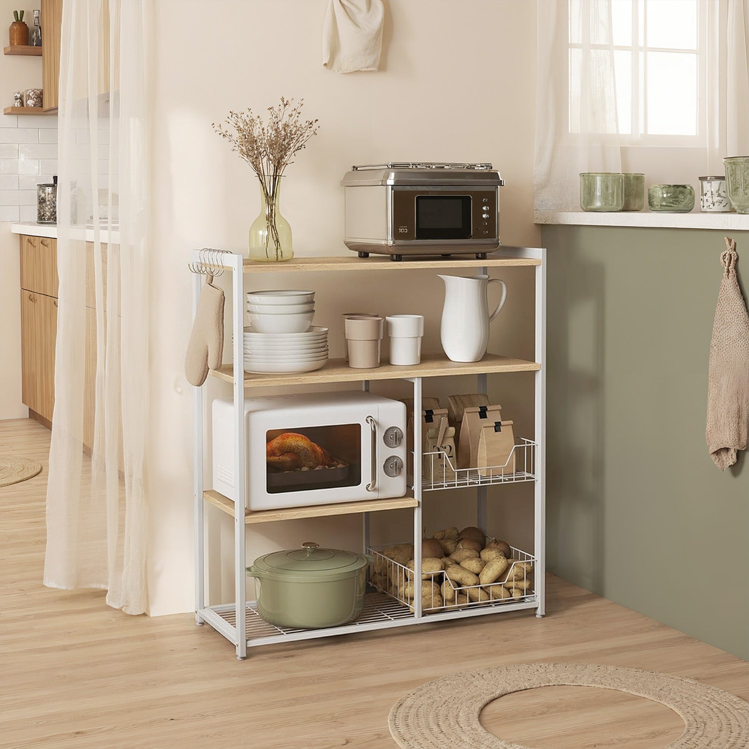 Kitchen Bakers Rack, Storage Shelf with 2 Baskets and Hooks, Walnut Brown and White - image 2