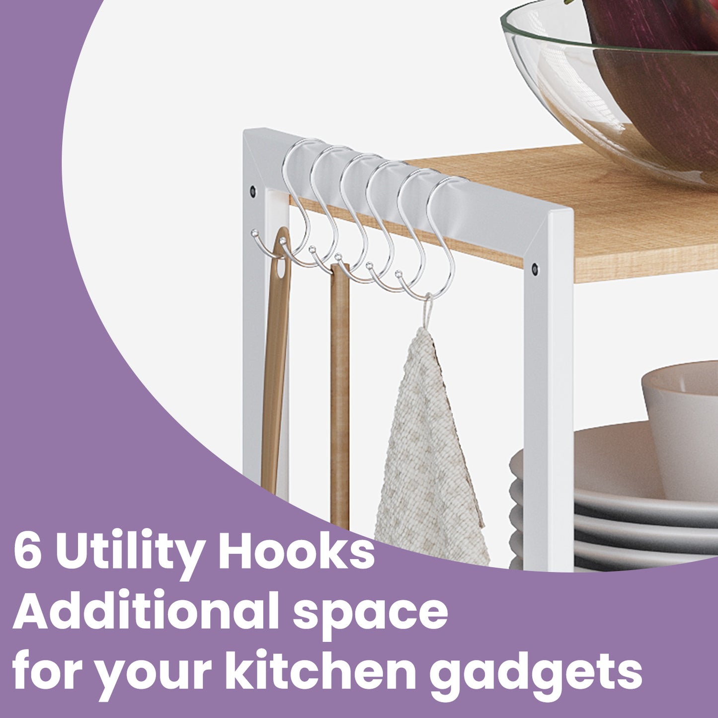 Kitchen Bakers Rack, Storage Shelf with 2 Baskets and Hooks, Walnut Brown and White - image 3