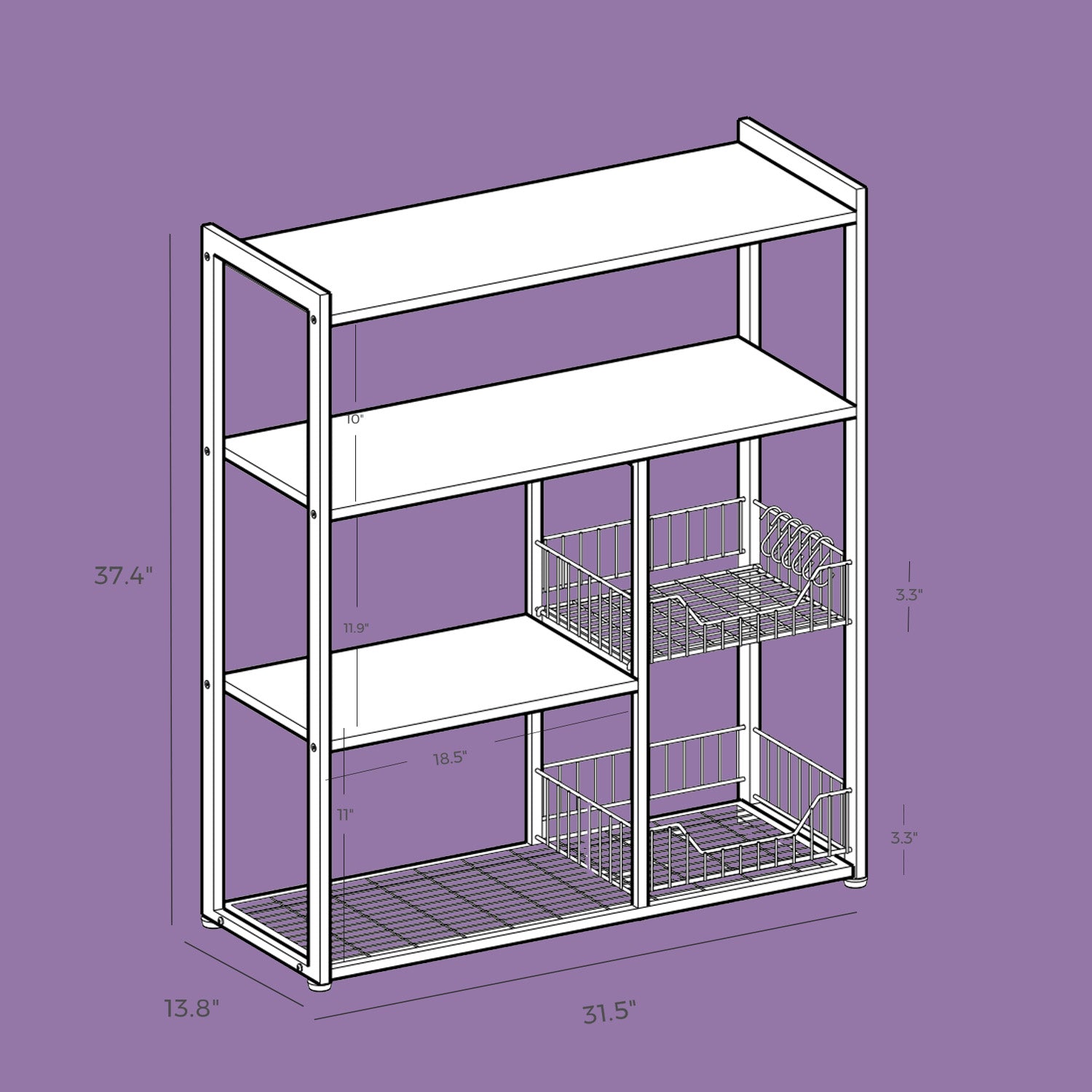 Kitchen Bakers Rack, Storage Shelf with 2 Baskets and Hooks, Walnut Brown and White - image 5