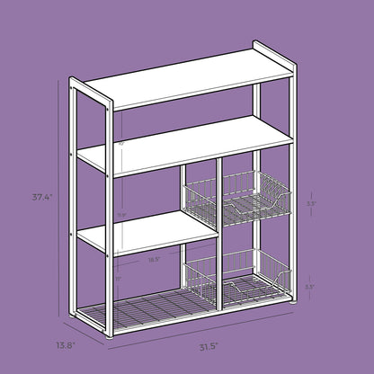 Kitchen Bakers Rack, Storage Shelf with 2 Baskets and Hooks, Walnut Brown and White - image 5