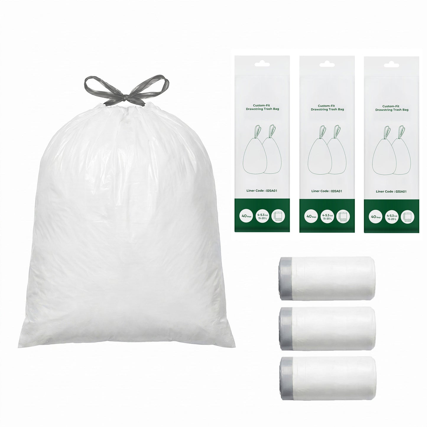 Drawstring Trash Bags, 120-Piece Heavy-Duty Pre-Separated Bin Liners, for Kitchen Waste, 4-5.3 Gallon, White - image 2