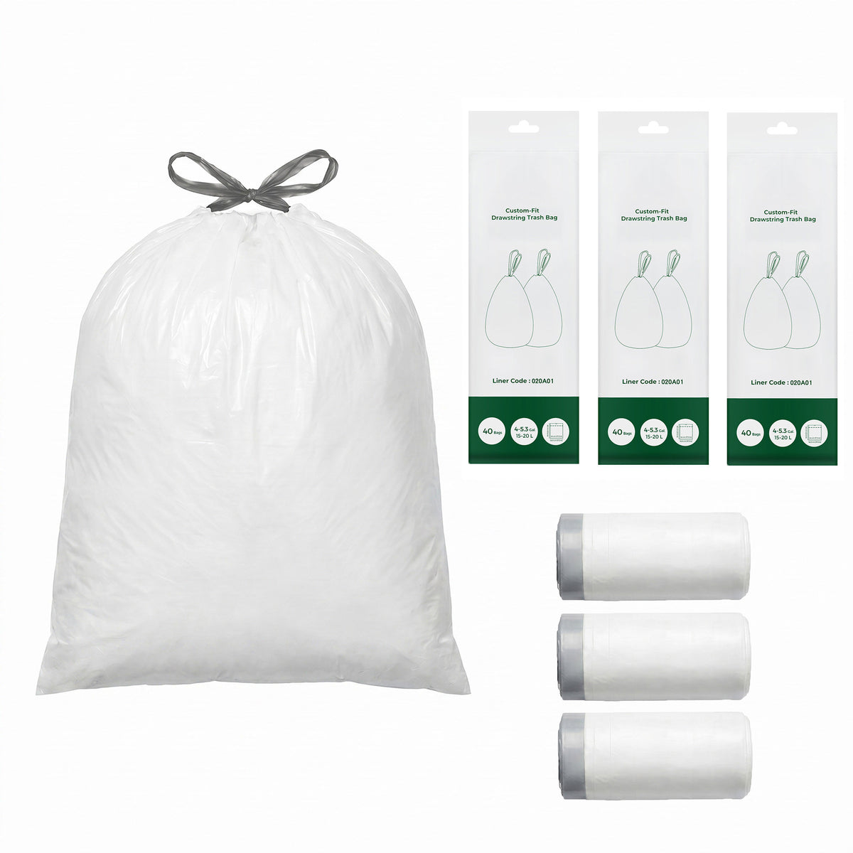 Drawstring Trash Bags, 120-Piece Heavy-Duty Pre-Separated Bin Liners, for Kitchen Waste, 4-5.3 Gallon, White - image 2