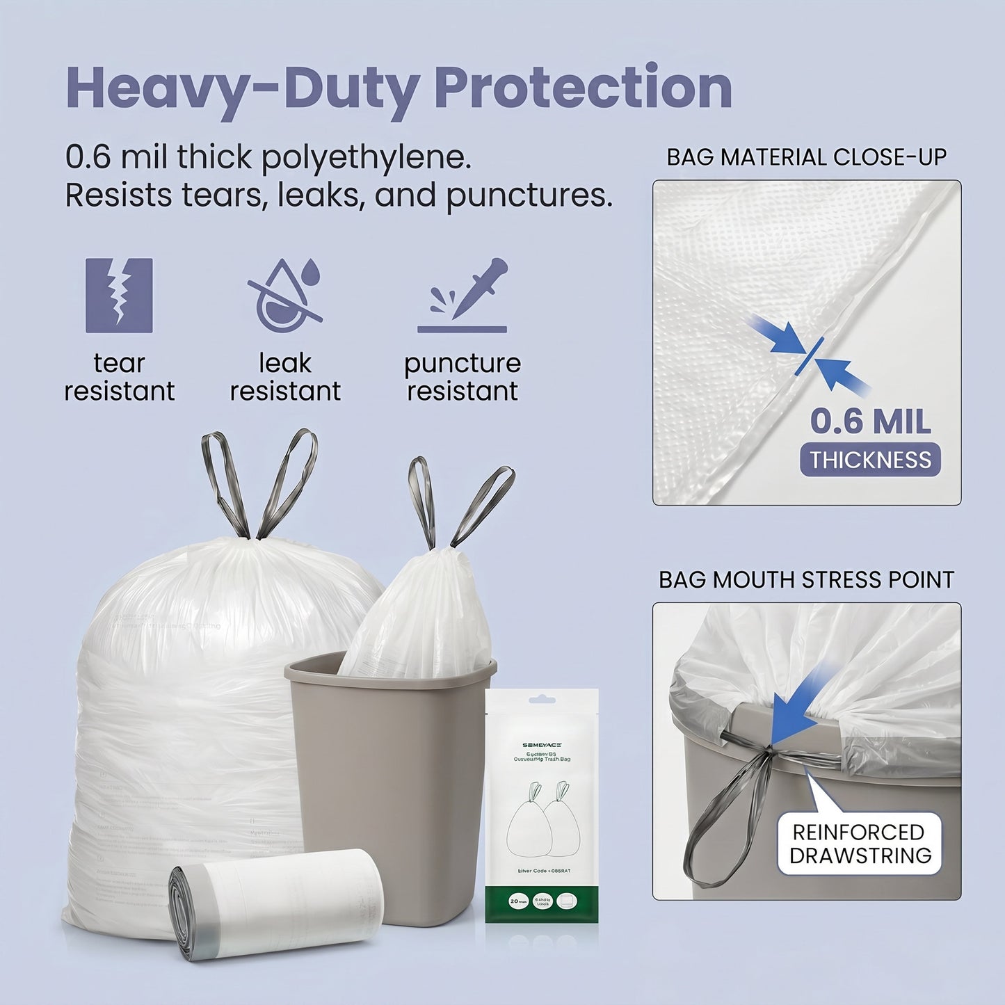 Drawstring Trash Bags, 120-Piece Heavy-Duty Pre-Separated Bin Liners, for Kitchen Waste, 4-5.3 Gallon, White - image 8