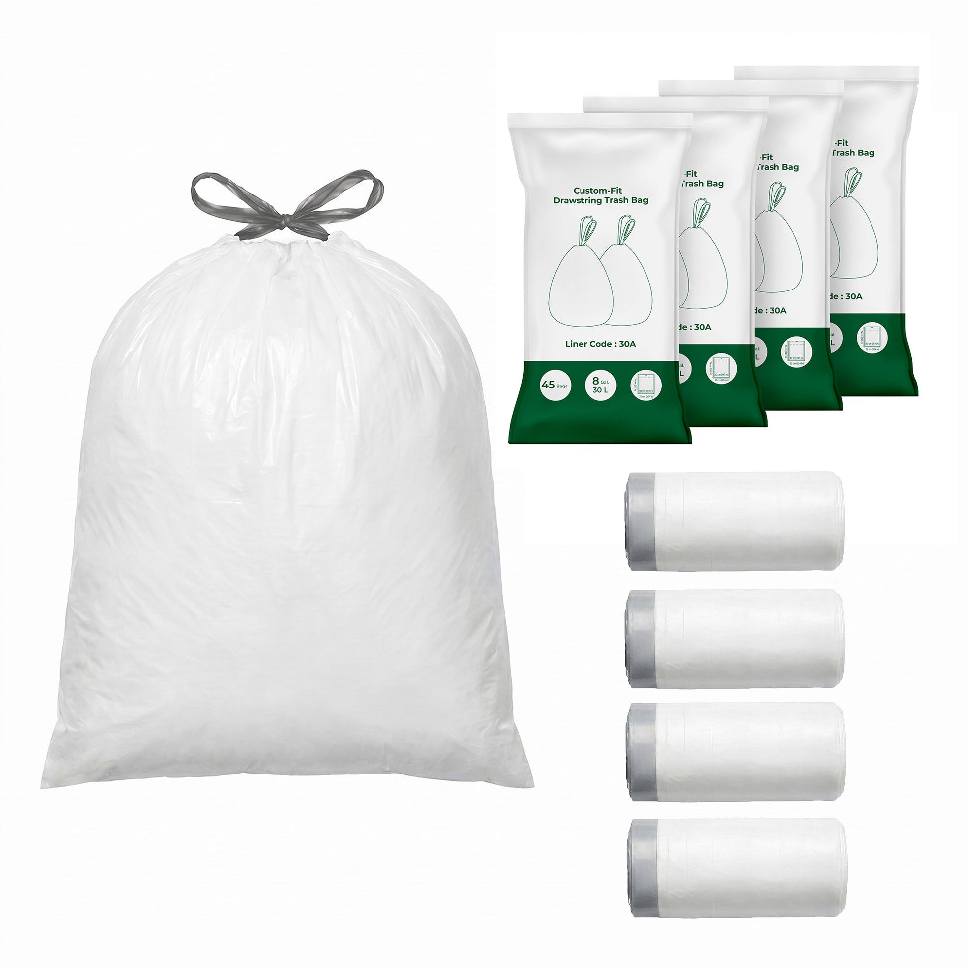 Drawstring Trash Bags, 180-Piece Heavy-Duty Pre-Separated Bin Liners, for Kitchen Waste, 8 Gallon, White - image 2